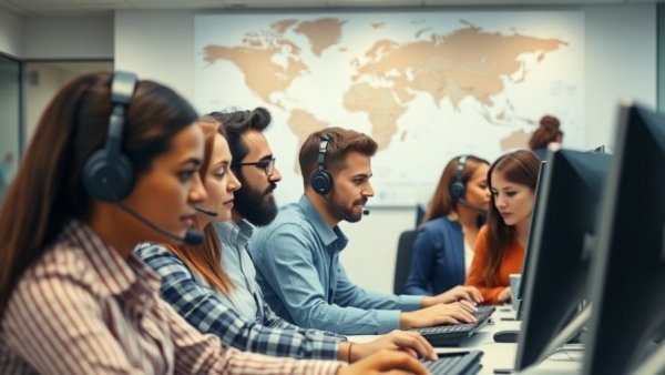 Call center team using global customer care strategies, focused at desks.