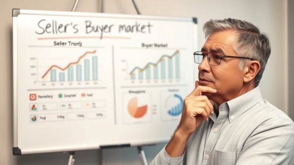 Housing Market Favoring Buyers illustration with man and whiteboard analysis.