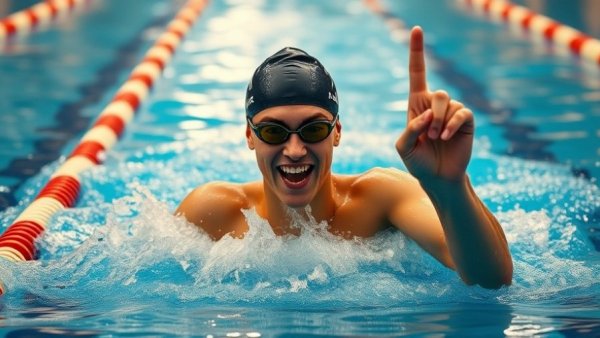 Michael Andrew celebrates swim record with number one gesture.