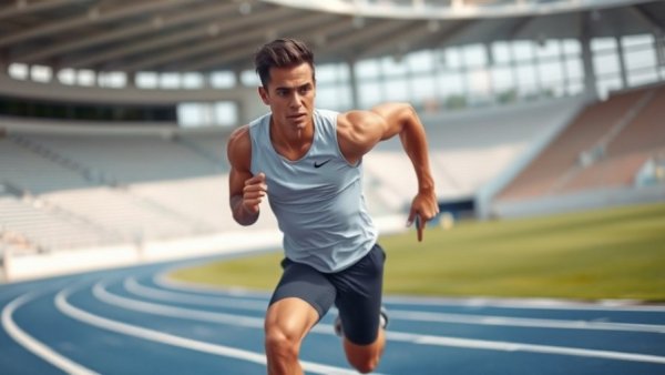 Athlete sprinting, showcasing focus and energy, on a track field.