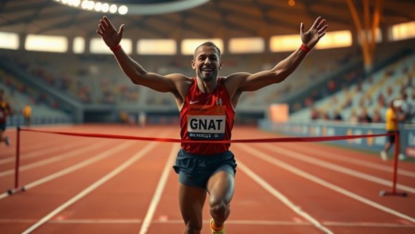Jacobe Tharp world record 110 hurdles athlete celebrating victory on track.