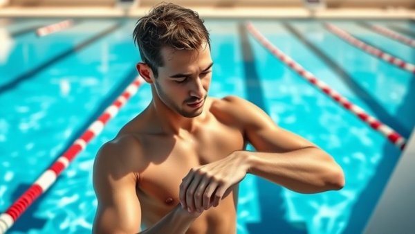Swimmer using smartwatch for swimming technology and coaching.