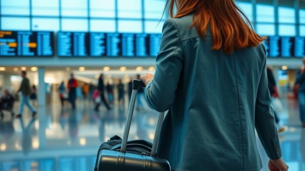 Young woman with suitcase at airport, reflecting travel rules for British residents in Spain.