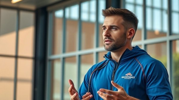 Athletic coach in UNC shirt giving a talk indoors.