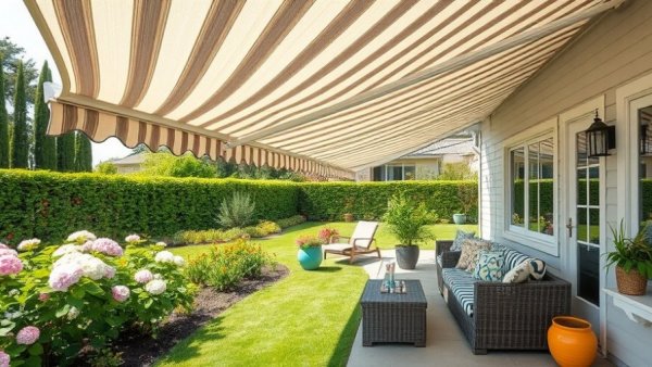 Sleek retractable awning over patio with cozy seating and plants.