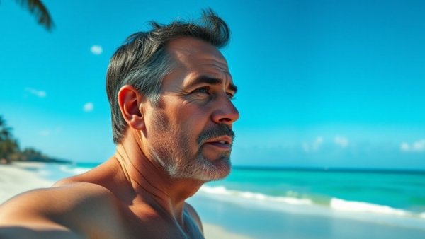 Middle-aged man contemplating on a Thailand beach, retirement plans.