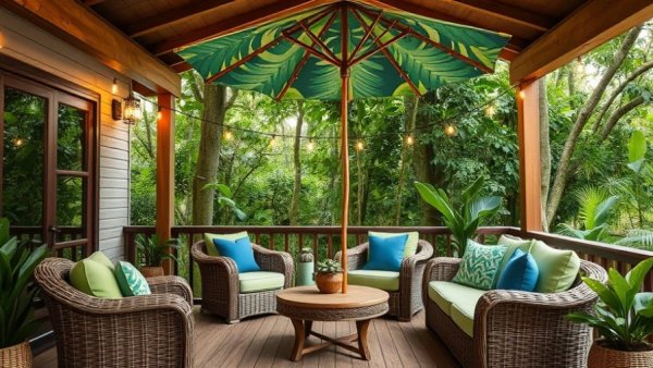 Cozy patio with tropical décor and leaf-patterned umbrella.