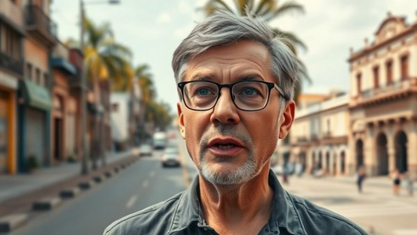Middle-aged man discussing South America's Best Tax Deal, contrasting scenes.