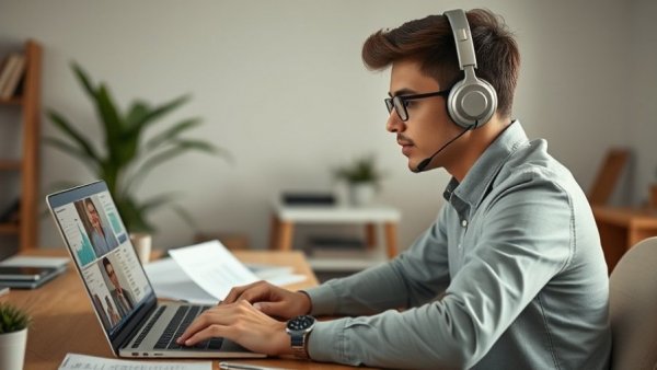 Young professional analyzing charts during a video conference.