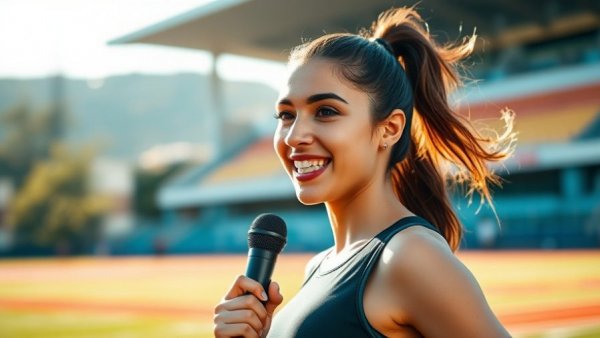 Young female athlete speaks on aspirations, outdoor sports setting.