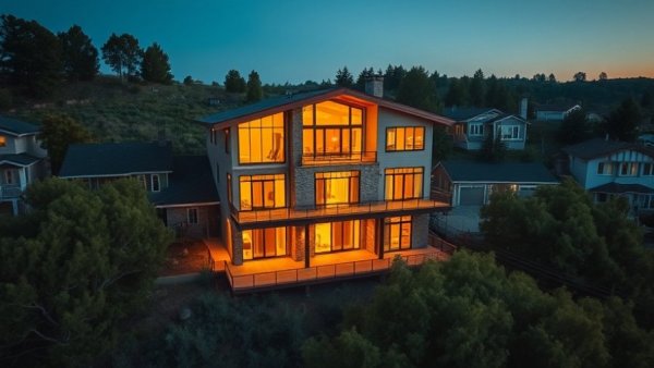 Modern house with glowing windows at dusk, showcasing evening curb appeal