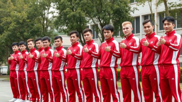 2026 Asian Championships team athletes in red and white tracksuits outdoors.