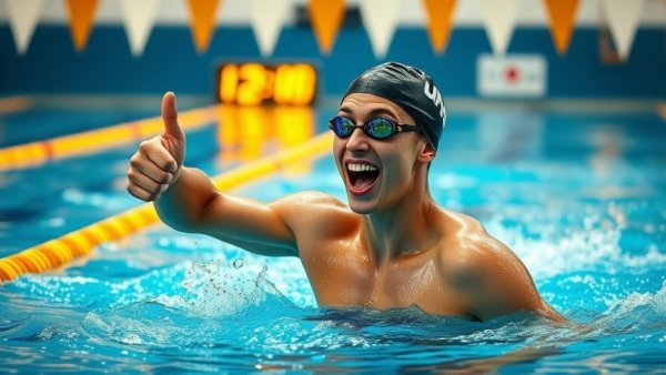 Matt Richards at Commonwealth Games, swimmer celebrating, thumbs-up in pool.