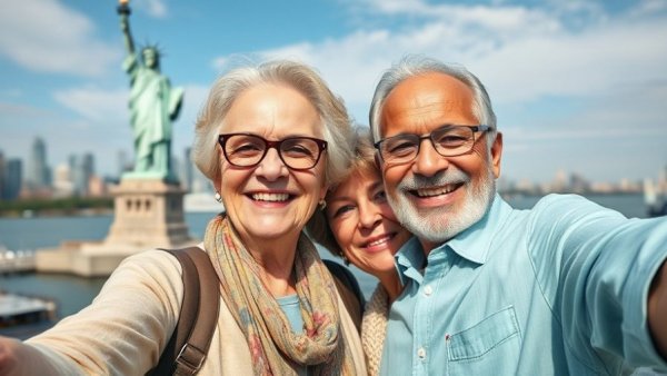 Older couple smiling selfie at Statue of Liberty under blue sky.