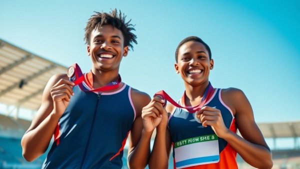 Enthusiastic twin athletes holding medals in track and field.