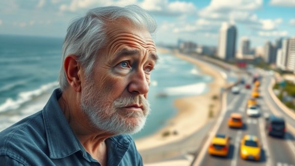 Perplexed man considering retiring in Thailand 2026 with beach and city contrast.