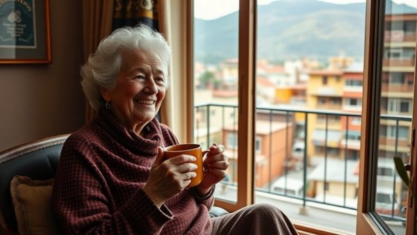 Elderly woman enjoying drink in Otavalo, Ecuador apartment.