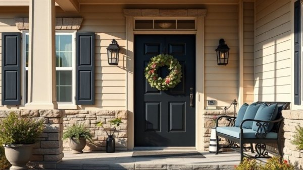 2023 home design trends showcased on an elegant front porch.