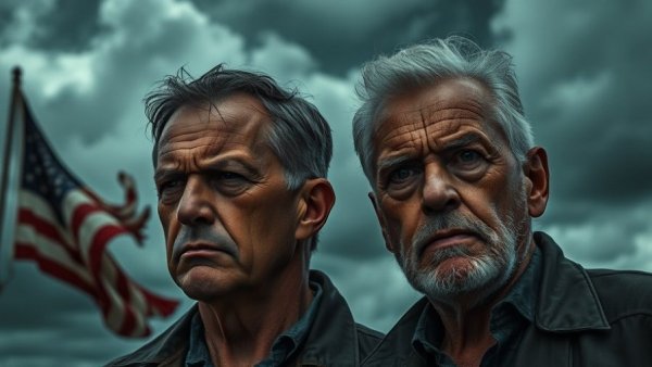 Contrasting expressions with tattered flag under stormy sky.