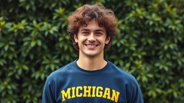 Brody Reber smiling in Michigan sweatshirt among greenery.