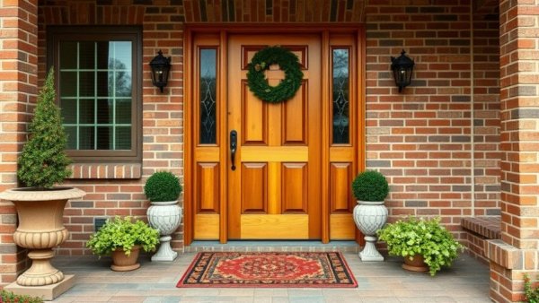 Charming rustic front porch with wooden door and greenery wreath, 2026 interior design trends.