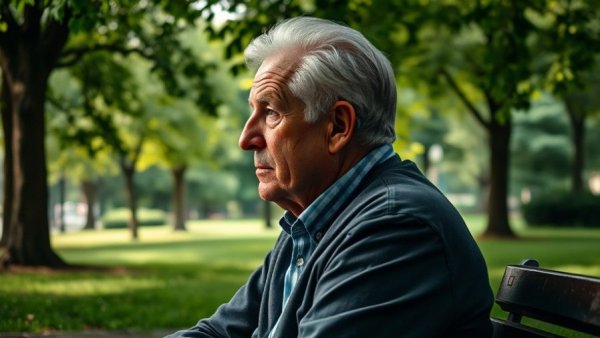 Elderly man reflecting on life changes in a peaceful park setting, Thailand retirement