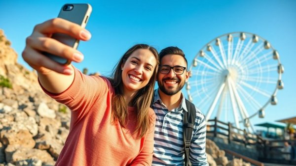 Smiling couple with Ferris wheel, Moving Abroad as a Digital Nomad.