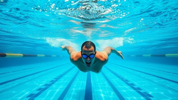 Swimmer mastering technique underwater, dynamic motion in pool.