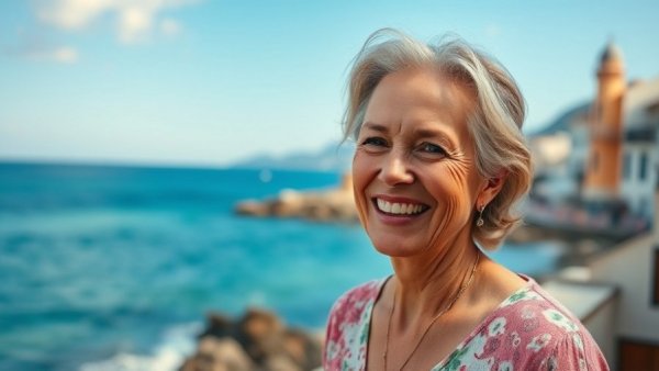Living on the Costa del Sol: cheerful woman by scenic coast.