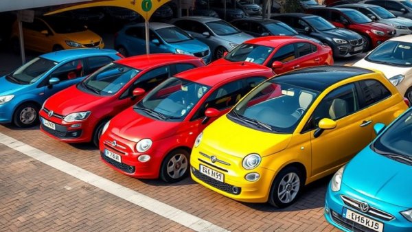 Colorful compact cars lined up at dealership for buying a car abroad.