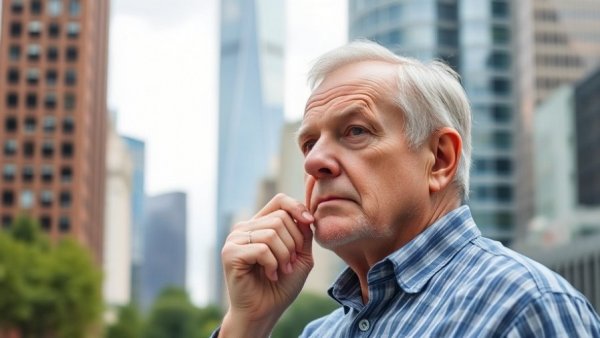 Mature man reflects on retiring in Thailand at 60, cityscape view.