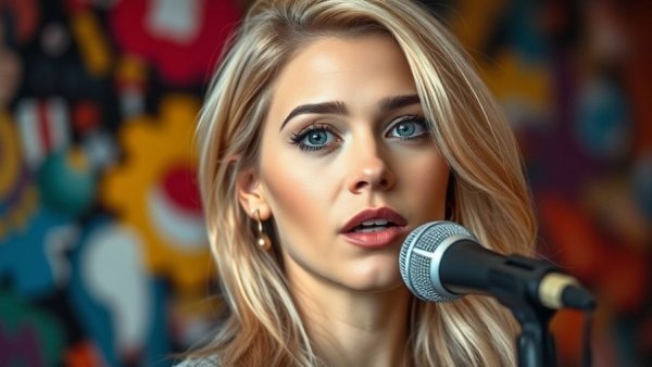 Blonde woman discussing safety in the US with colorful art.