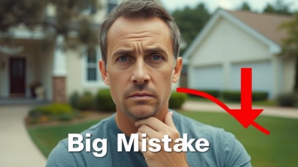 First-time home sellers mistakes concept with worried man and house.