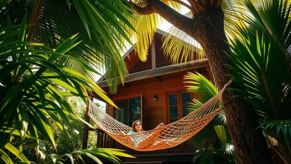 Charming Caribbean bungalow nestled in lush greenery.