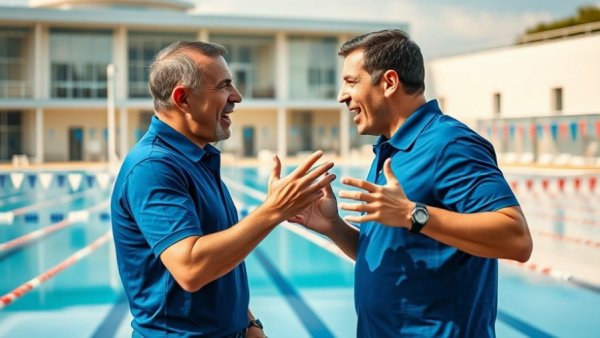 Two men discussing swimming technology wearables by the pool.