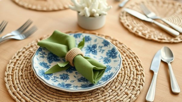Elegant summer table setting with blue patterned plate and coral decor.