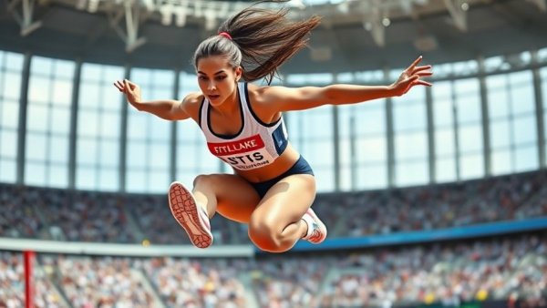 Thea LaFond mid-air during 50 Feet Triple Jump at track meet