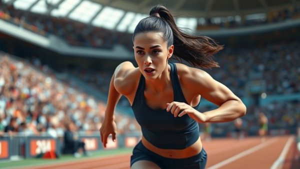 Female athlete running on track during competition, vibrant scene.