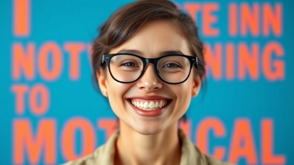 Cheerful woman with glasses promoting mental health support for expats.
