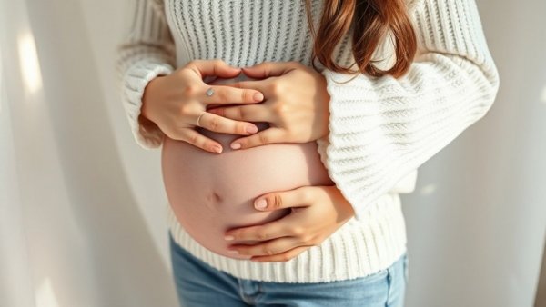 Pregnant woman in white sweater holding belly, calm atmosphere.