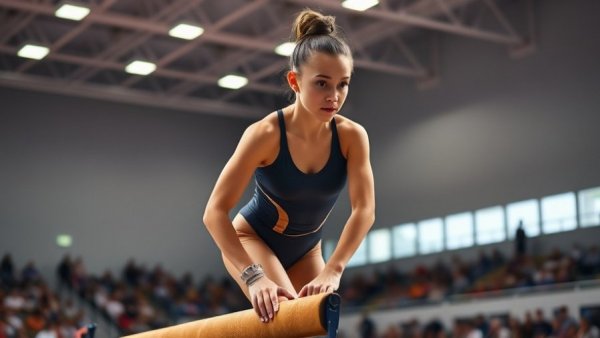 Jade Carey performing on balance beam in gym.