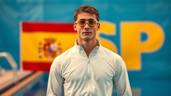 Spanish swimmer stands before flag representing Spain's squad for European Championships.