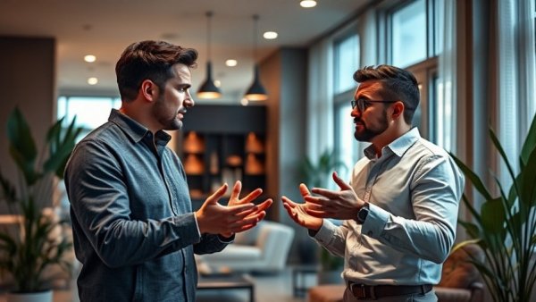 Home renovation discussion in contemporary interior setting.