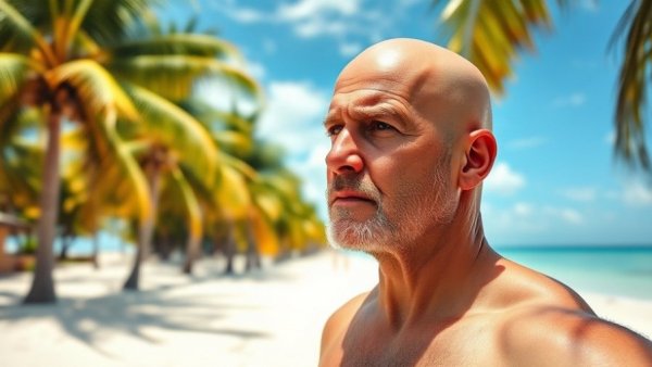 Retirement in Thailand: man pondering on a tropical beach