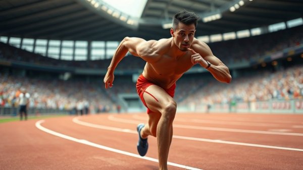 Lamont Marcel Jacobs 100m speed, athlete sprinting on track, dynamic action shot.