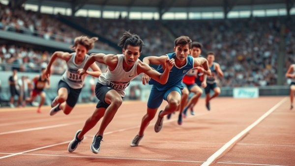 Collegiate athletes competing in track events with focus and energy.