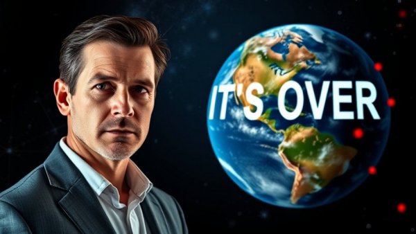 Digital Earth with red dots and text 'IT'S OVER' next to a professional man.