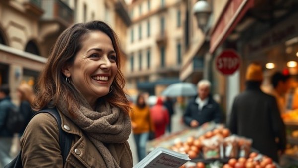 Smiling person discussing affordable dining in Spain with city backdrop.