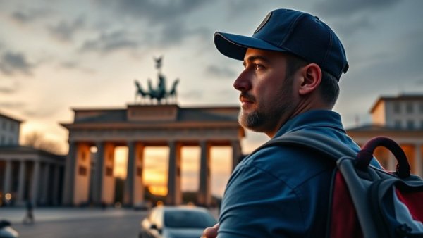 American experience abroad: Man by Brandenburg Gate with backpack.