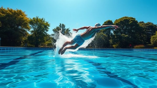 Swimmer diving into pool under clear sky